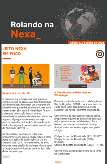 Newsletter Rolando na Nexa da empresa Nexa Resources com pautas sobre diversidade e inclusão 
